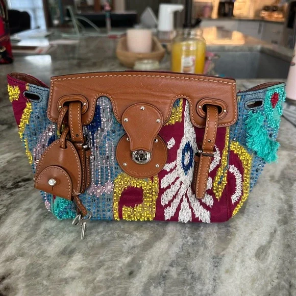 Ralph Lauren MINI SOFT RICKY EMBELLISHED TOP HANDLE BAG IN NAVY MULTI NWT - Picture 2 of 10